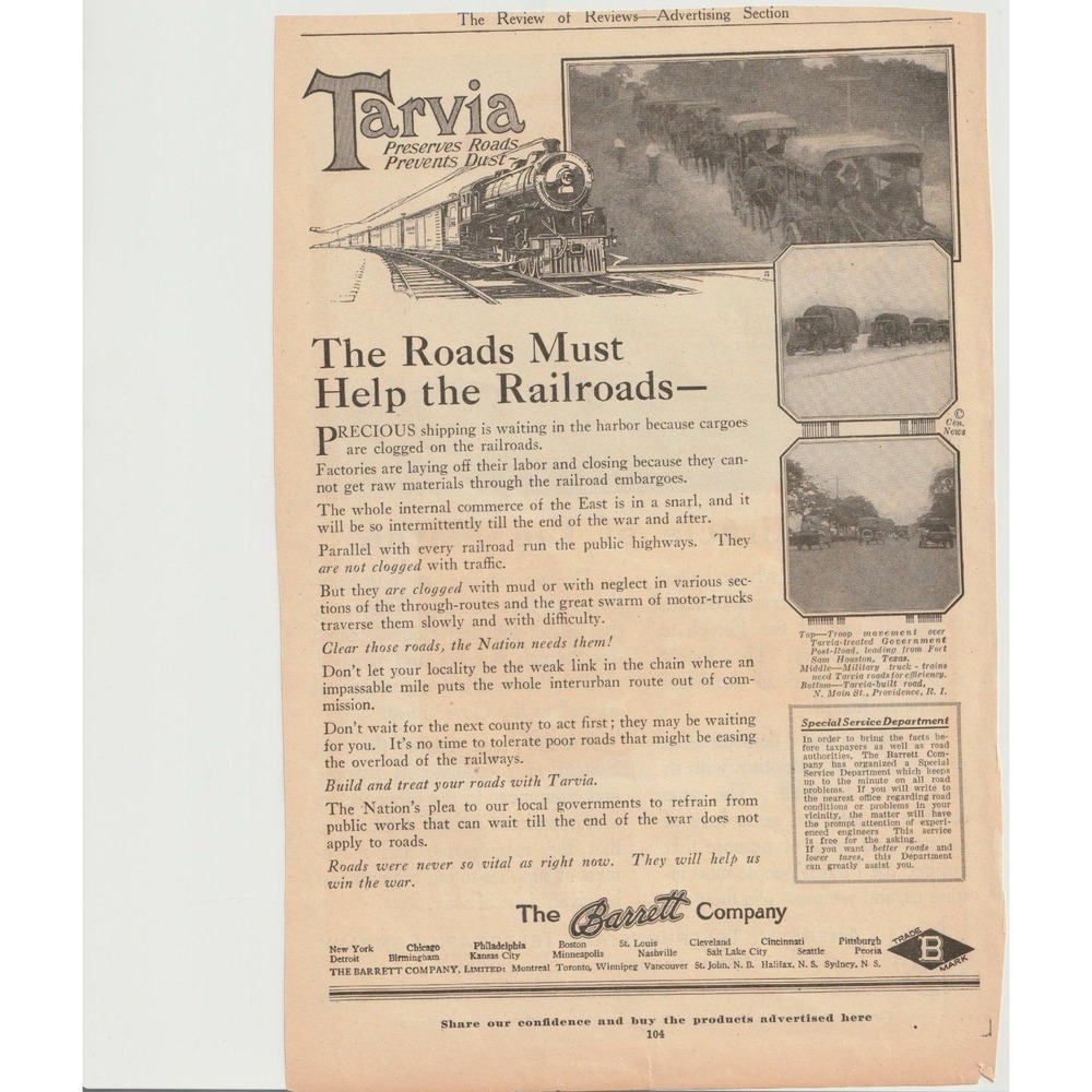 Vintage 1918 Tarvia The Barrett Company Print Ad Train Steam Engine Motor Truck